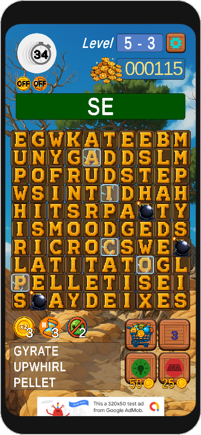 LexiGrid gameplay screenshot — stage 5 grid with letter tiles