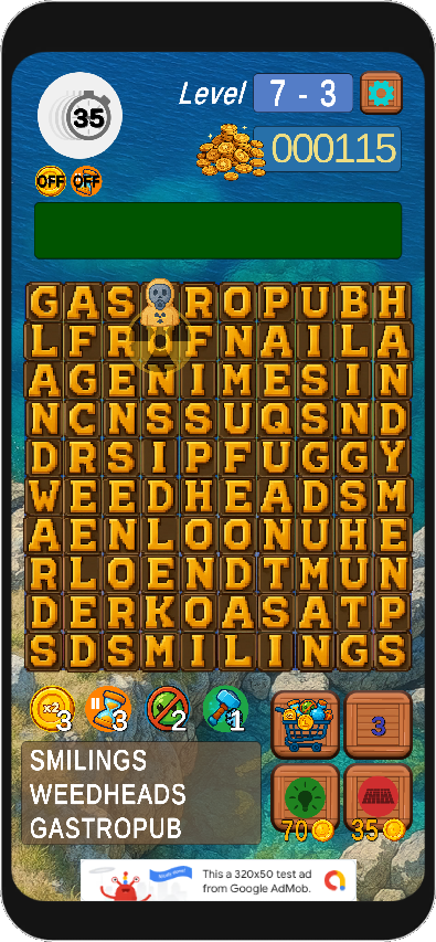 LexiGrid gameplay screenshot — stage 7 with obstacle tiles