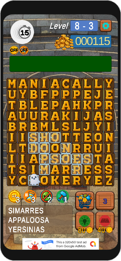 LexiGrid gameplay screenshot — stage 8 advanced layout