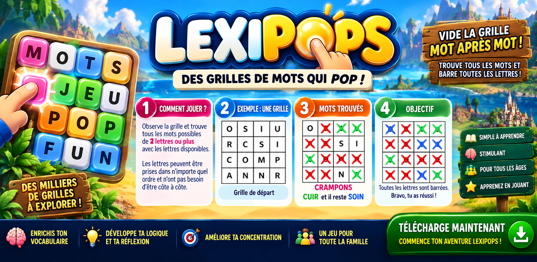 Illustrations of LexiPops core game features